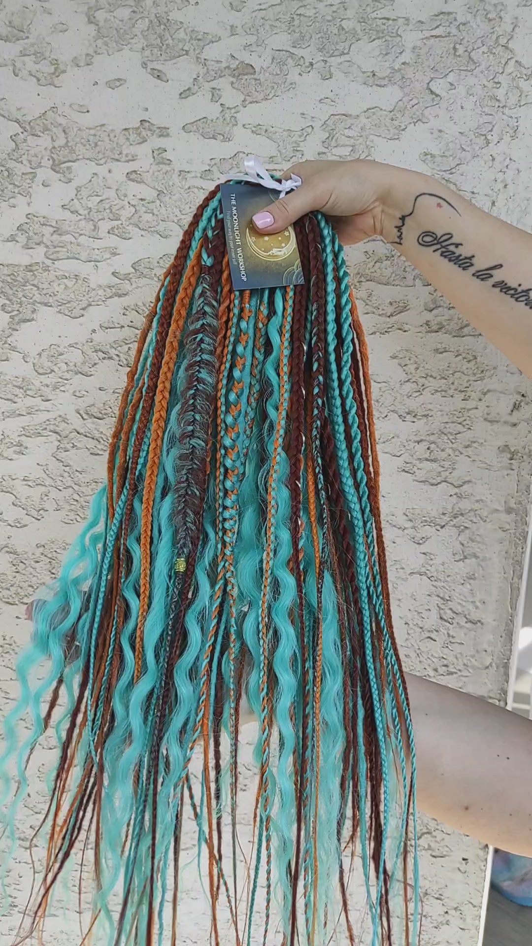Ginger Sky: soft, lightweight, and reusable double ended synthetic dreads, braids, and regular dreaded non-brushable curls. A mix of turquoise green, red, copper, and orange colours.

The length is 22-24 inches (55-60 cm)
Dreaded part of curls: 3-4 inches
Thickness of dreads and braids ±0.8 cm