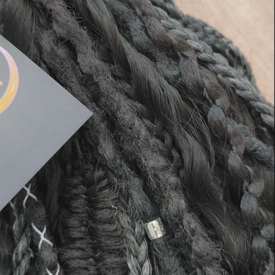 Pagan Witch — black, gray, and white/blonde set of 55 double ended synthetic bumpy dreads, braids, Senegalese twist, and dreaded curls (decoration is included). Reusable lightweight set made from high-quality synthetic hypoallergenic material kanekalon.

Standard length: ±22-24 inches (55-60 cm)
Thickness of dreads and braids: ±0.6-0.8 cm
Dreaded part of curls ±3-4 inches (8-10 cm)
Weight with decoration: ±310 gr (11 oz)
