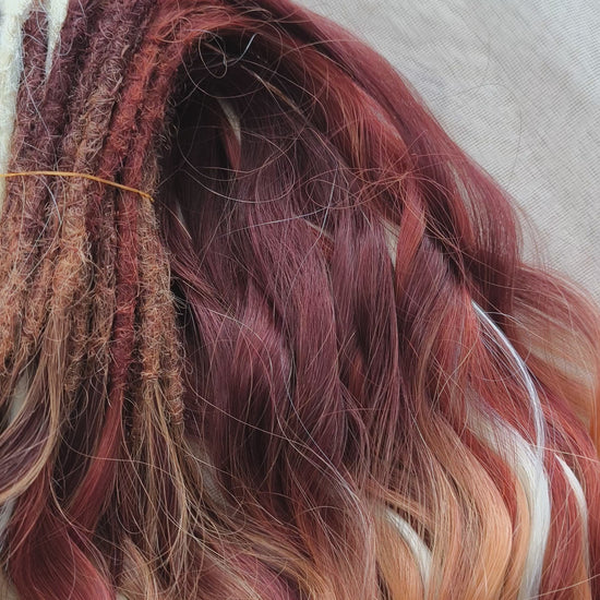 This set combines a rich three-tone ombré gradient — deep chestnut, warm copper, and pale blonde — with additional solid strands in copper and creamy platinum, creating a stunning play of light and color.

Inspired by autumn leaves, glowing embers, and the graceful energy of a wild fox, Amber Fox is made to stand out with both softness and strength.

Soft, lightweight, and reusable synthetic brushable double ended wavy dreadlocks (available as regular dreaded, braided middle, or push-up).