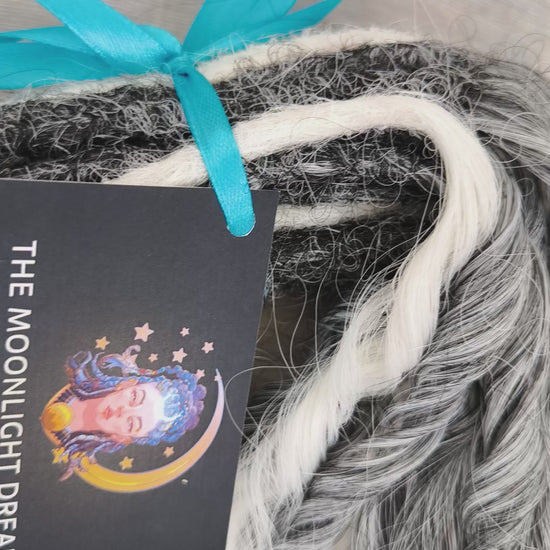 mix of ombre from grey to white and snow white, lightweight, and reusable double ended synthetic standard dreaded non-brushable curls