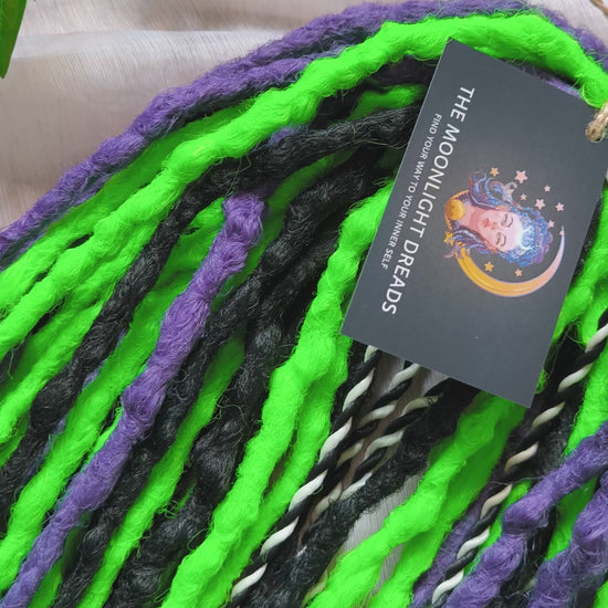 Beetlejuice - 30 DE Black, purple, and vibrant green synthetic set of double ended crochet textured dreads and Senegalese twists