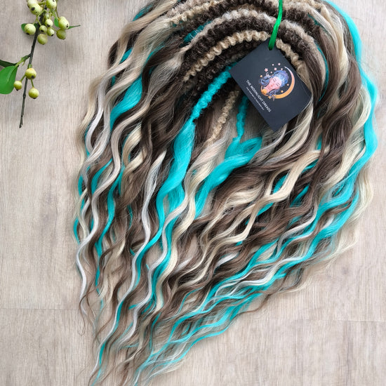 Brown, 2 shades of blonde, and turquoise green soft, lightweight, and reusable synthetic brushable double-ended wavy dreadlocks (regular dreaded or push-up)