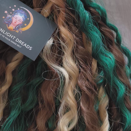 Dusky Grove - 50 double ended ready-to-ship, 2 shades of brown, golden blonde, forest green synthetic non-brushable wavy dreadlocks. Soft, lightweight, and reusable, woodland-inspired blend with a touch of dark, mysterious magic.