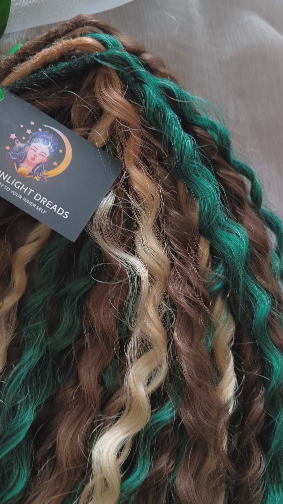 Dusky Grove - 50 double ended ready-to-ship, 2 shades of brown, golden blonde, forest green synthetic non-brushable wavy dreadlocks. Soft, lightweight, and reusable, woodland-inspired blend with a touch of dark, mysterious magic.