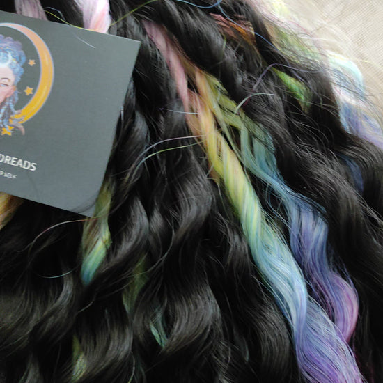 The mix of Black and Rainbow/glitch/prism effect soft, lightweight, and reusable synthetic brushable double ended wavy dreadlocks (NOT BRUSHABLE).