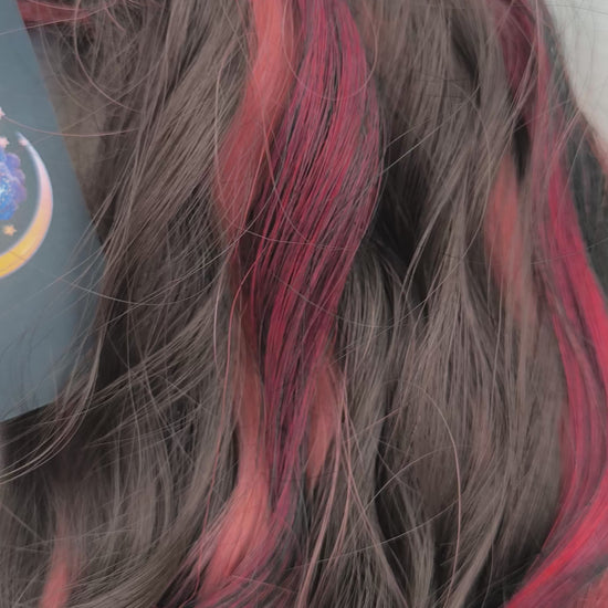 Rosewood - a soft, lightweight, and reusable set of double ended wavy dreadlocks in dark chocolate brown, dusty rose pink, and bordo shades. A rich, warm blend with a subtle romantic touch.