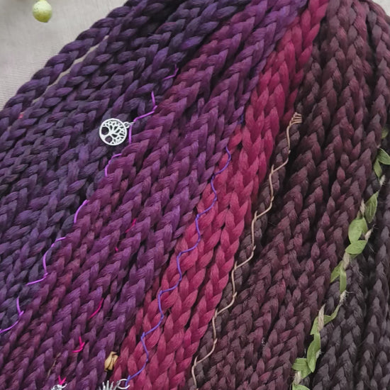 synthetic double ended braids in brown, maroon, and purple colors 22-24 inches