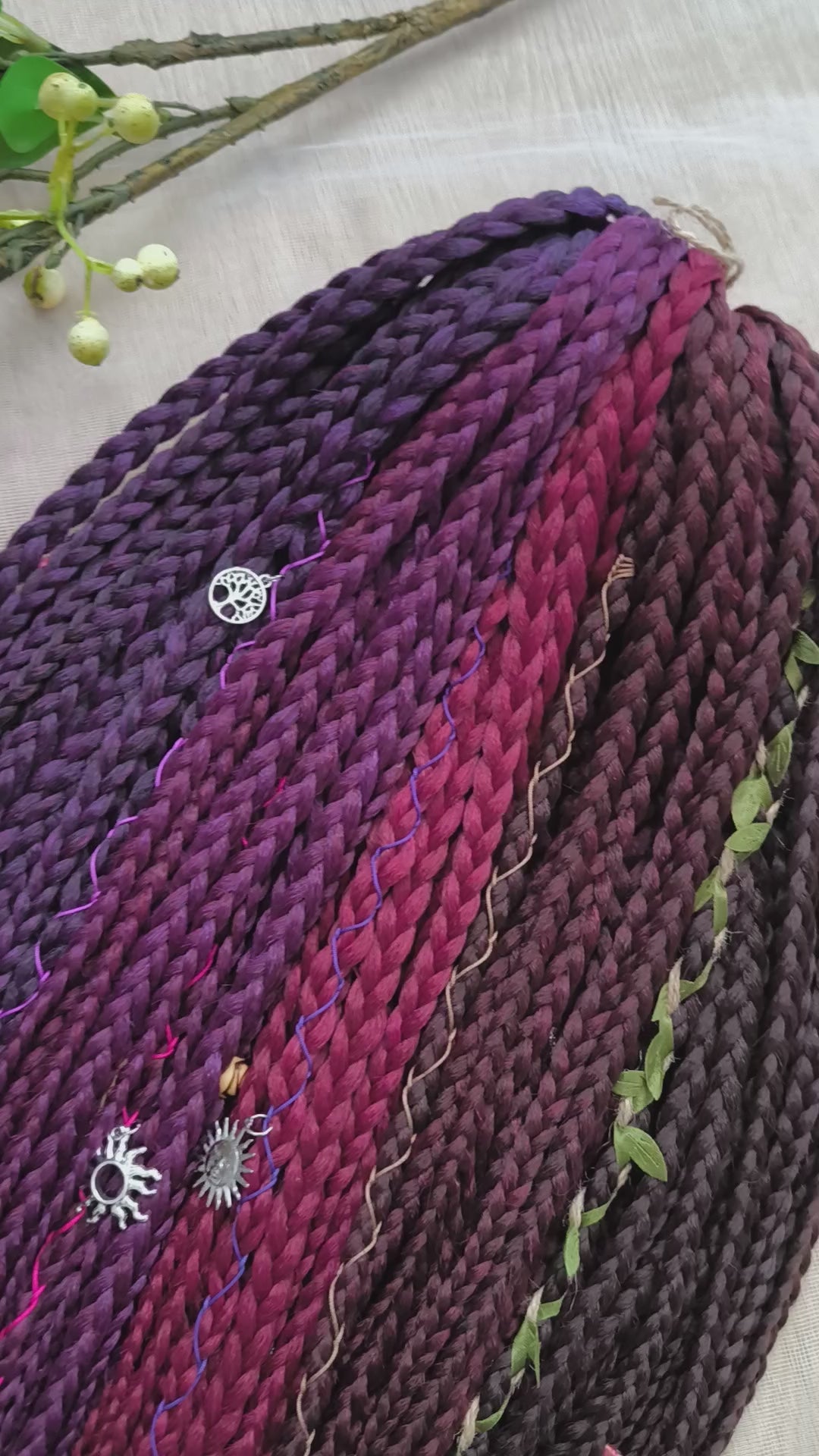 synthetic double ended braids in brown, maroon, and purple colors 22-24 inches