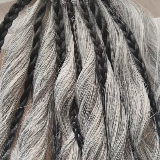 Grey, black, and white braids and curls on an elastic band — a simple way to transform a ponytail without installing a set