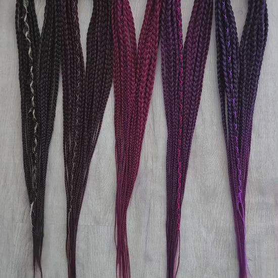 Ready to ship: 55 synthetic double ended braids in brown, maroon, and purple colors 22-24"