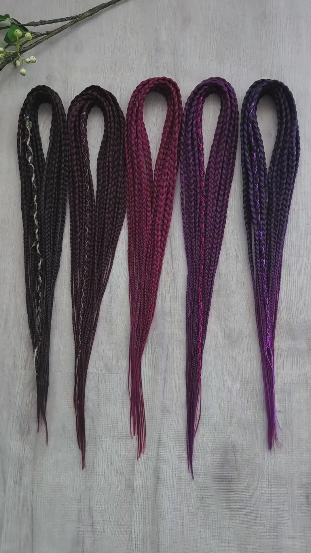Ready to ship: 55 synthetic double ended braids in brown, maroon, and purple colors 22-24"