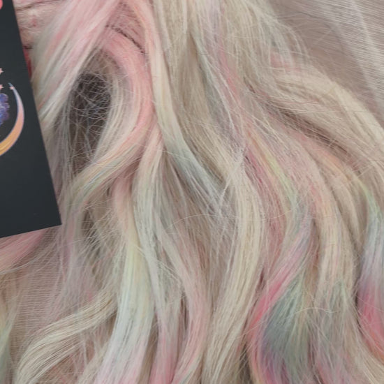 Fairy Dust - 50 DE soft, lightweight, and reusable synthetic standard dreaded brushable curls. A mix of platinum blonde and pastel rainbow/prism