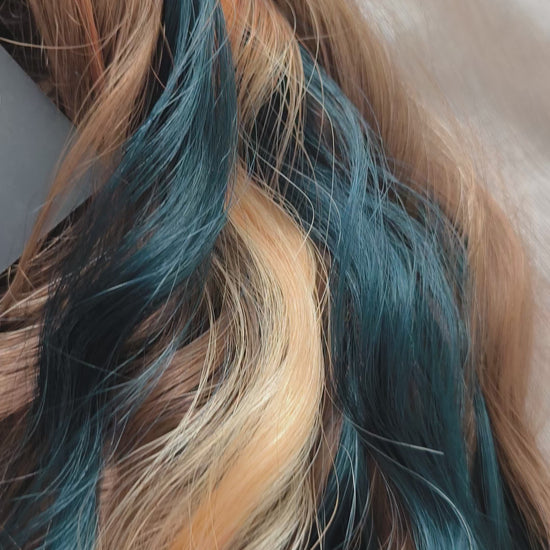 Sylvan - 50 double ended ready-to-ship warm brown, golden blonde, midnight teal synthetic brushable wavy dreadlocks. Soft, lightweight, and reusable, woodland-inspired blend with a touch of dark, mysterious magic.