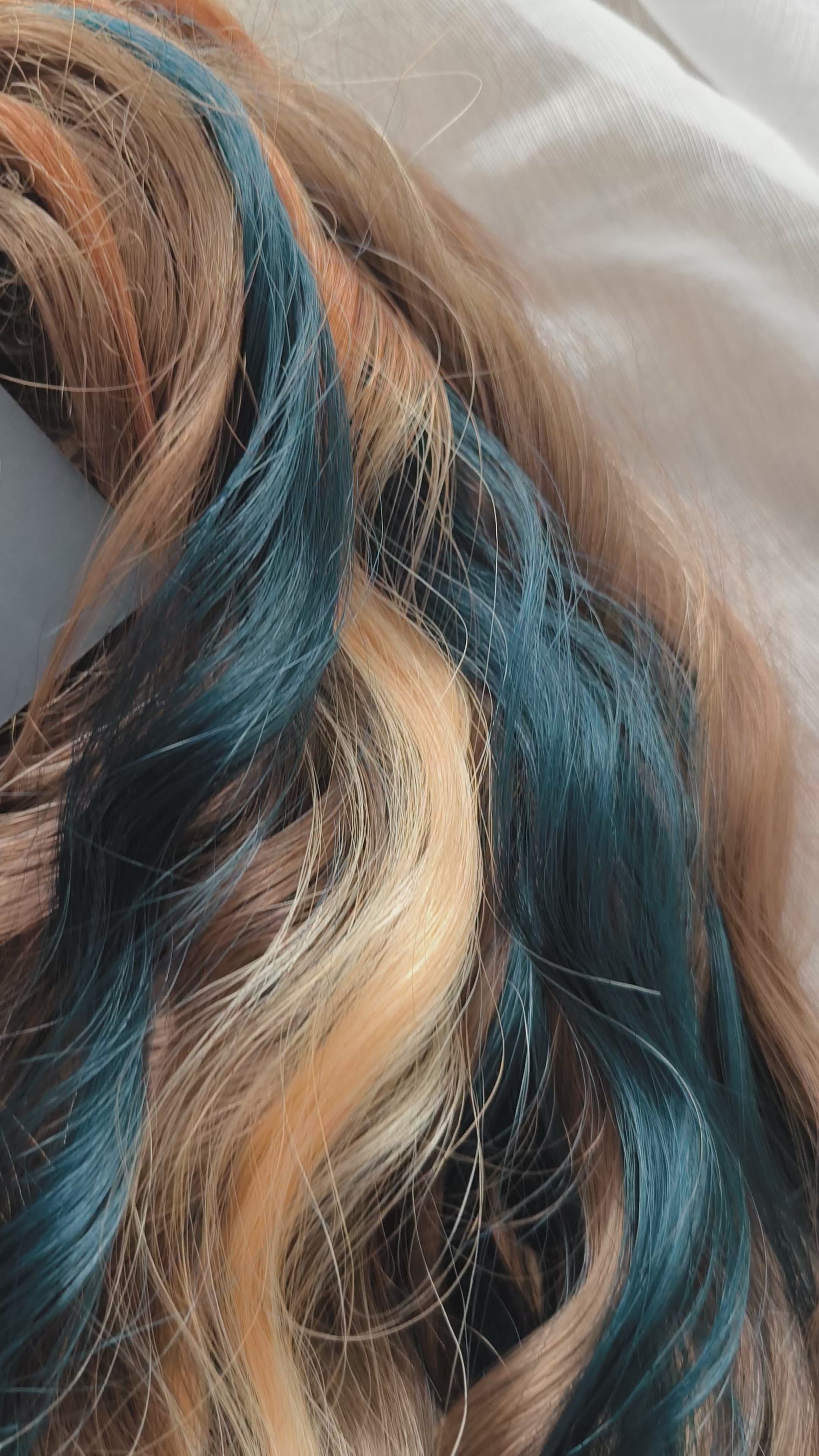 Sylvan - 50 double ended ready-to-ship warm brown, golden blonde, midnight teal synthetic brushable wavy dreadlocks. Soft, lightweight, and reusable, woodland-inspired blend with a touch of dark, mysterious magic.