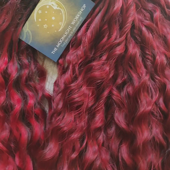 Ombre from dark to bloody red, soft, lightweight, and reusable synthetic double ended regular curls (NOT BRUSHABLE).
