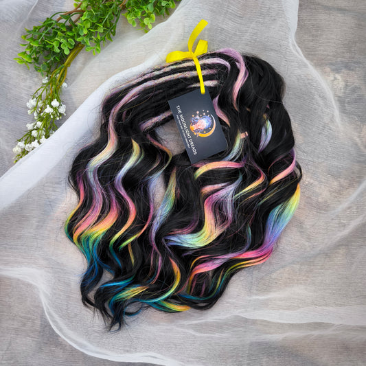 Black Rainbow - 60 DE soft, lightweight, and reusable synthetic standard dreaded brushable curls Manasi. Black base blended with rainbow/prism/glitch effect accents
