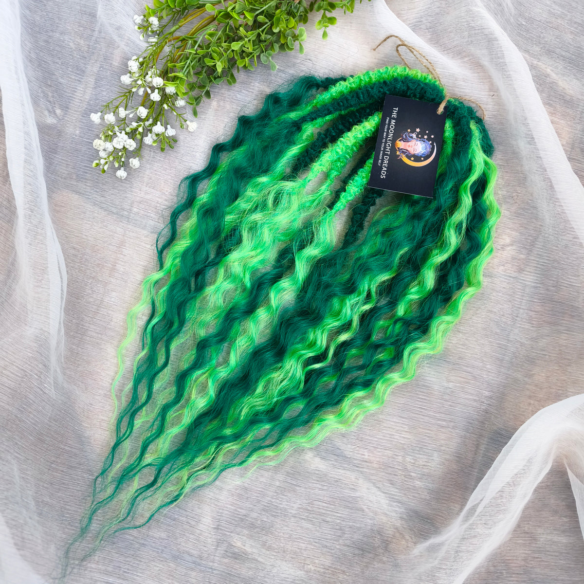Emerald Moss - a mix of emerald and neon green. Soft, lightweight, and reusable synthetic double ended NON-BRUSHABLE curls