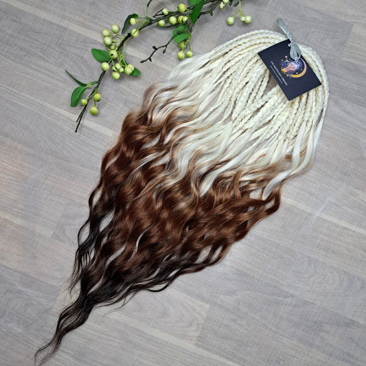 Ombre from blonde to chestnut and dark chocolate brown soft, lightweight, and reusable synthetic brushable double ended wavy dreadlocks (regular dreaded, braided middle or push-up).