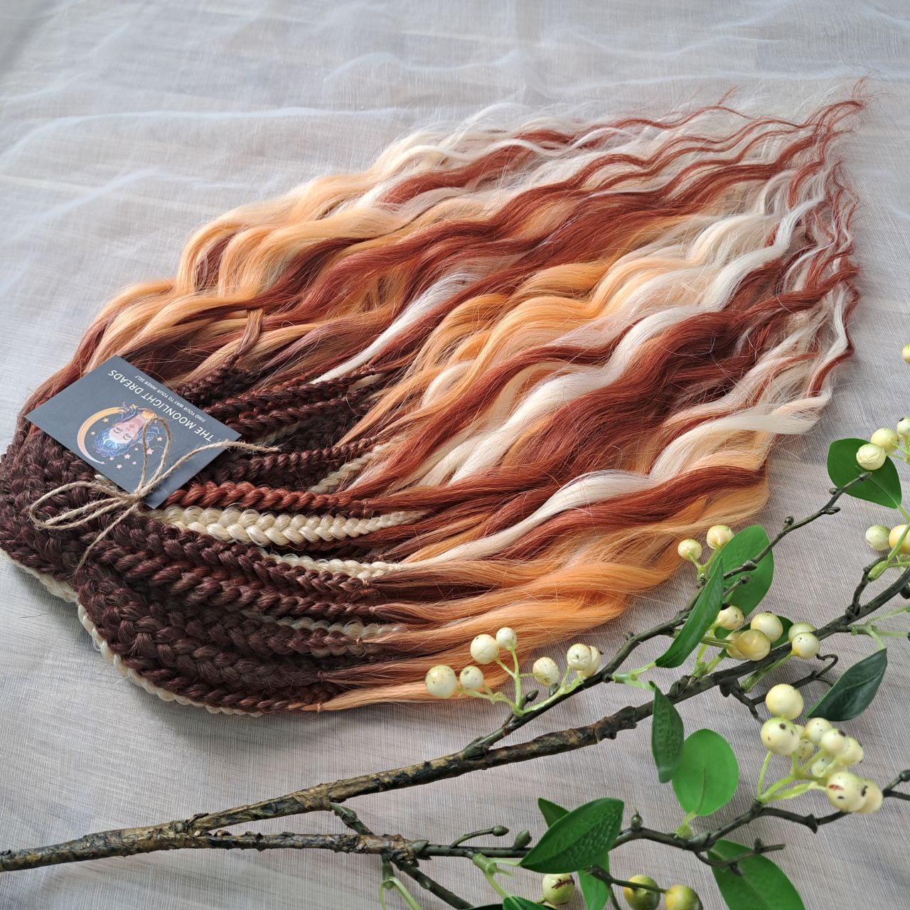 This set combines a rich three-tone ombré gradient — deep chestnut, warm copper, and pale blonde — with additional solid strands in copper and creamy platinum, creating a stunning play of light and color.

Inspired by autumn leaves, glowing embers, and the graceful energy of a wild fox, Amber Fox is made to stand out with both softness and strength.

Soft, lightweight, and reusable synthetic brushable double ended wavy dreadlocks (available as regular dreaded, braided middle, or push-up).