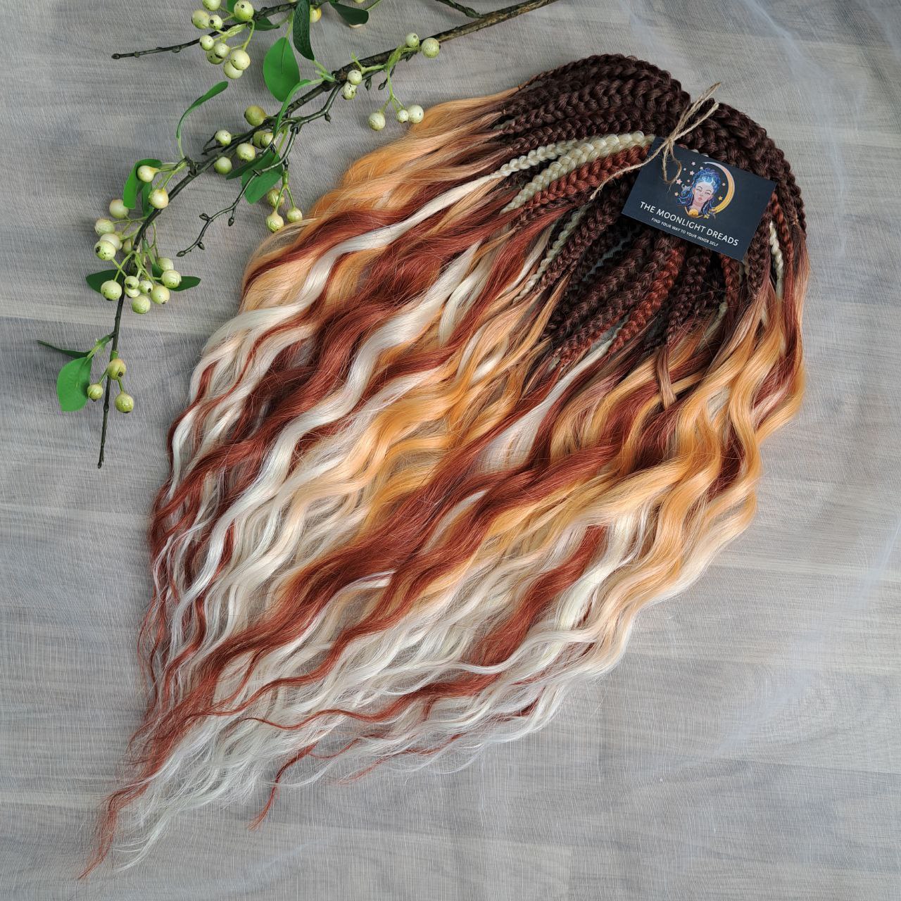 This set combines a rich three-tone ombré gradient — deep chestnut, warm copper, and pale blonde — with additional solid strands in copper and creamy platinum, creating a stunning play of light and color.

Inspired by autumn leaves, glowing embers, and the graceful energy of a wild fox, Amber Fox is made to stand out with both softness and strength.

Soft, lightweight, and reusable synthetic brushable double ended wavy dreadlocks (available as regular dreaded, braided middle, or push-up).