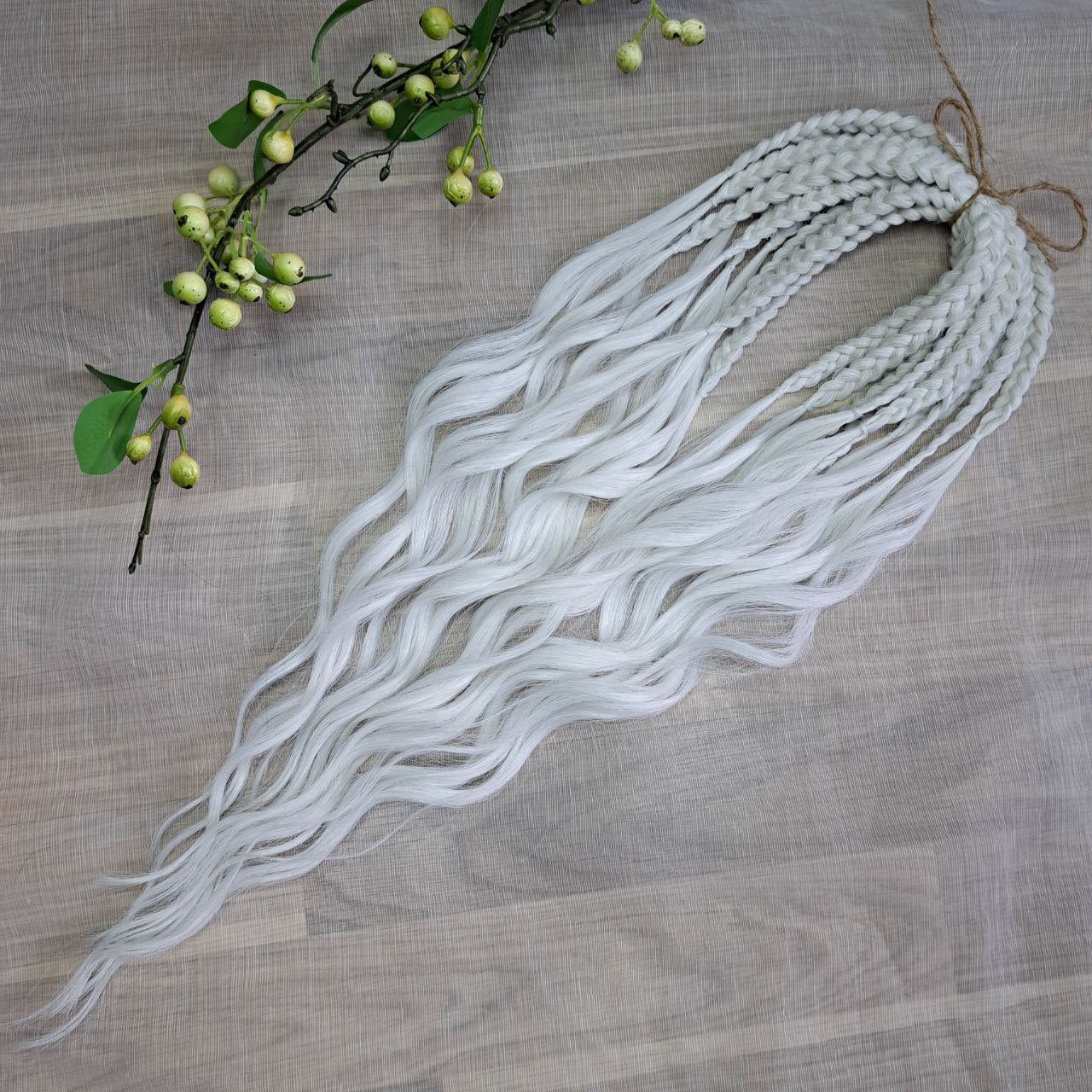 Snow-white soft, lightweight, and reusable synthetic brushable double ended wavy dreadlocks (regular dreaded, braided middle, or push-up).