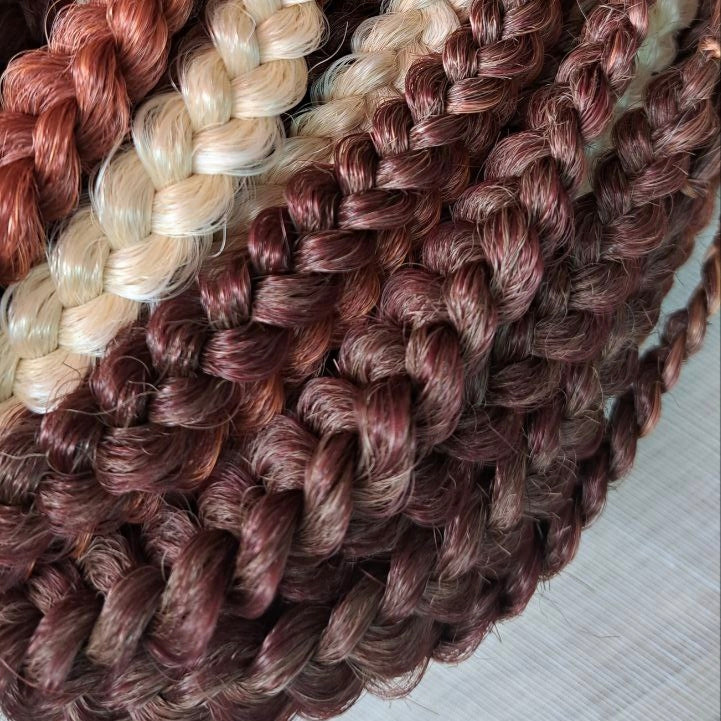 This set combines a rich three-tone ombré gradient — deep chestnut, warm copper, and pale blonde — with additional solid strands in copper and creamy platinum, creating a stunning play of light and color.

Inspired by autumn leaves, glowing embers, and the graceful energy of a wild fox, Amber Fox is made to stand out with both softness and strength.

Soft, lightweight, and reusable synthetic brushable double ended wavy dreadlocks (available as regular dreaded, braided middle, or push-up).