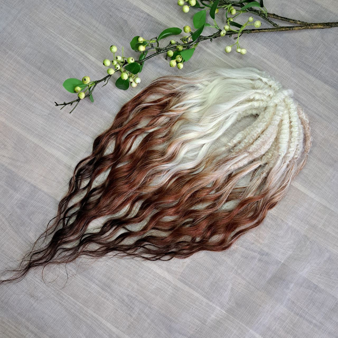 Ombre from blonde to chestnut and dark chocolate brown soft, lightweight, and reusable synthetic brushable double ended wavy dreadlocks (regular dreaded or push-up).