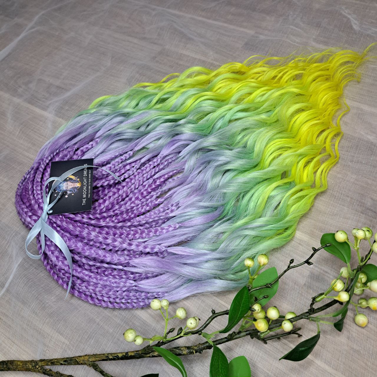 ombre from purple/lavender to light green and yellow brushable curls with braided middle 