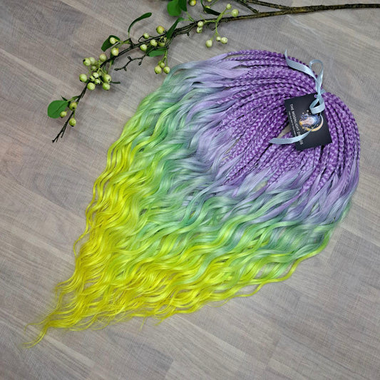 ombre from purple/lavender to light green and yellow brushable curls with braided middle 
