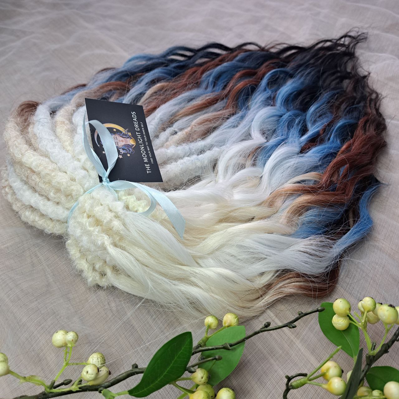 This set blends creamy blonde, cool ice-blue, medium chestnut, and deep brown into a smooth, natural-looking gradient.
Soft, lightweight, and reusable synthetic brushable double-ended wavy dreadlocks (available as regular dreaded, braided middle, or push-up).

Perfect for those who prefer calm, neutral, and balanced tones with a cool-to-warm transition.