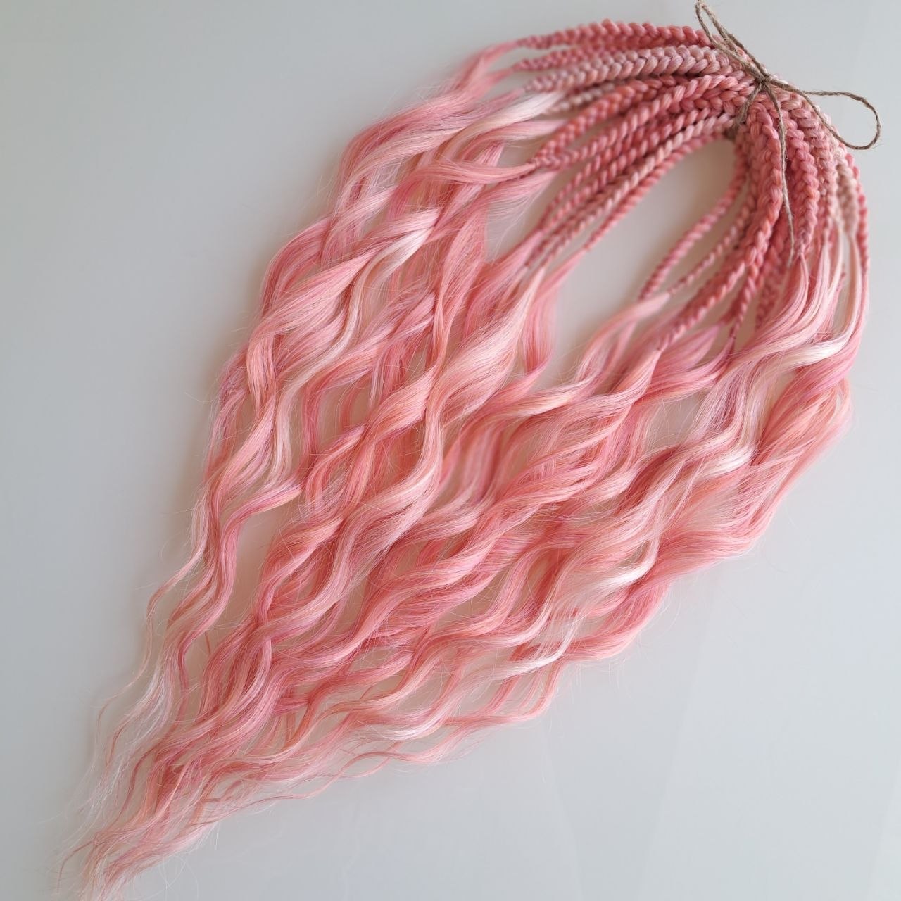 Pink Flamingo - a mix of a few coral pink and pinky blonde shades. Soft, lightweight, and reusable synthetic brushable double ended wavy dreadlocks (regular dreaded, braided middle, or push-up):

The length:
Standard dreaded - 22-24 inches (55-60 cm), one-side dreaded part ±4-5 inches
Braided middle - 22-24 inches (55-60 cm), braid ±4-5 inches folded (total ±8-10 inches)
Push-up / Dolly - 20-22 inches (50-55 cm), dreaded part ±4 inches (from working side)