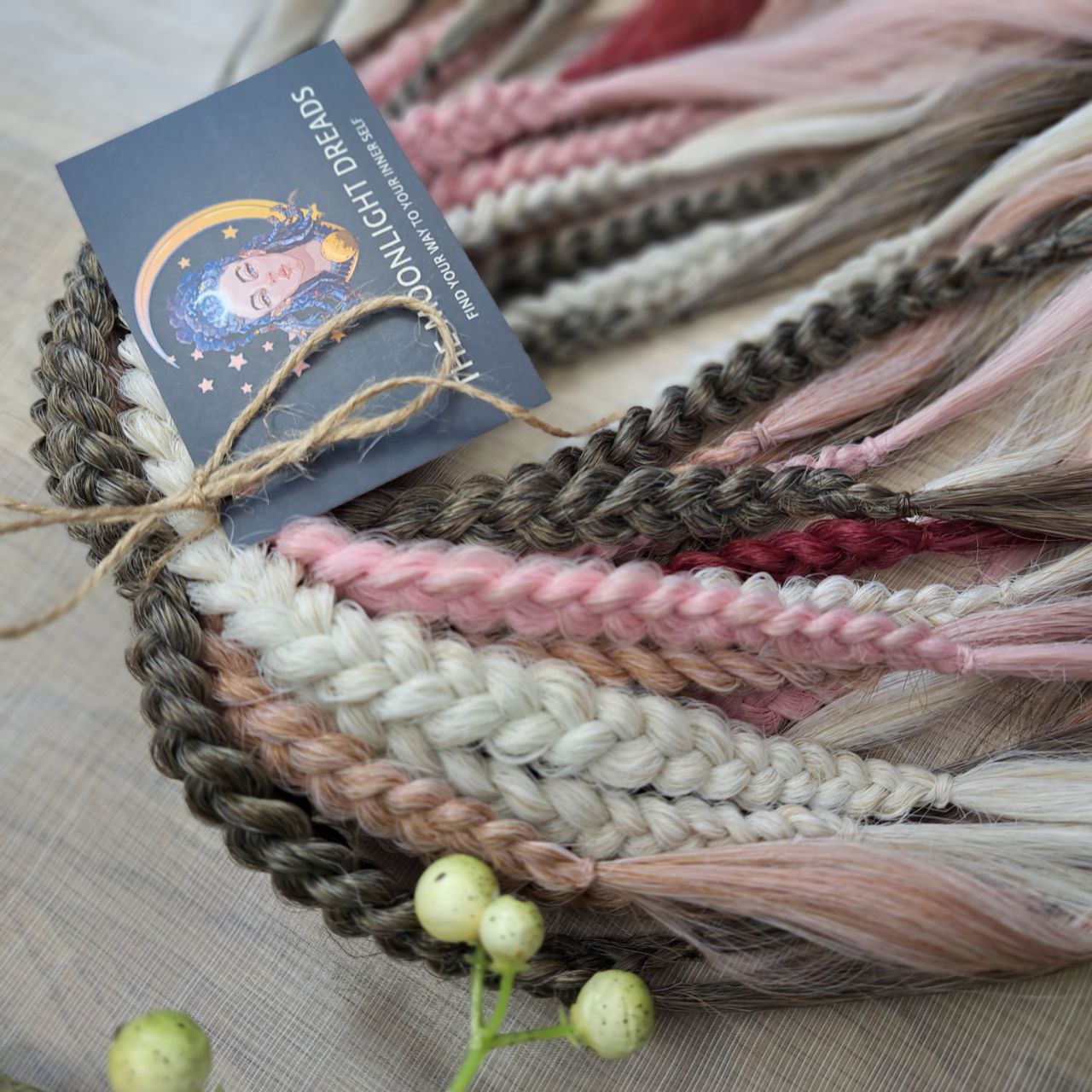 Soft, lightweight, and reusable synthetic brushable double ended wavy dreadlocks (regular dreaded or push-up). Mix of a few colors: platinum and ombre wheat blondes, various pink, and burgundy.