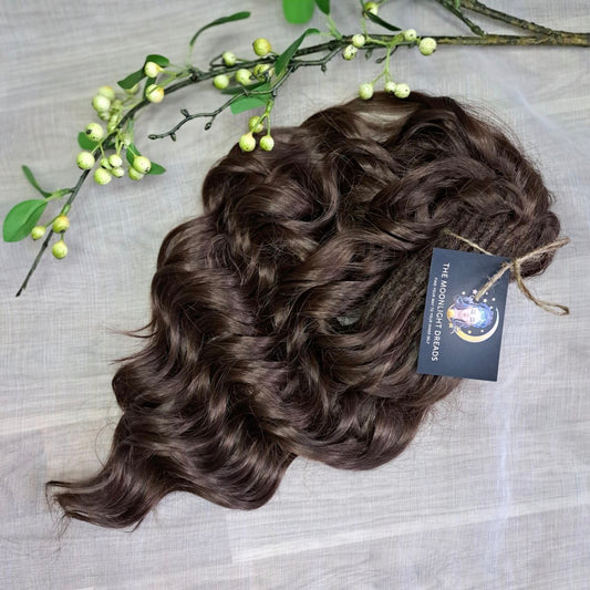 Dark brown soft, lightweight, and reusable 57 double ended synthetic standard dreaded brushable curls Manasi.

Length: 16 inches (40 cm)
Dreaded part: approximately 3-4 inches (8-10 cm)
Weight: ±300 gr (10,6 oz)