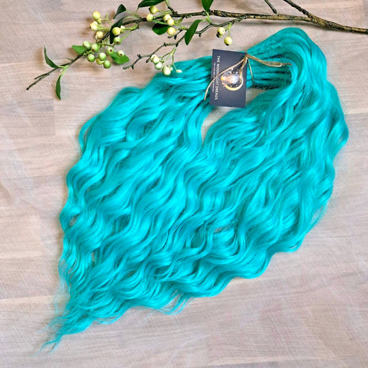 Turquoise green soft, lightweight, and reusable synthetic brushable daouble-ended wavy dreadlocks (regular dreaded, braided middle or push-up).