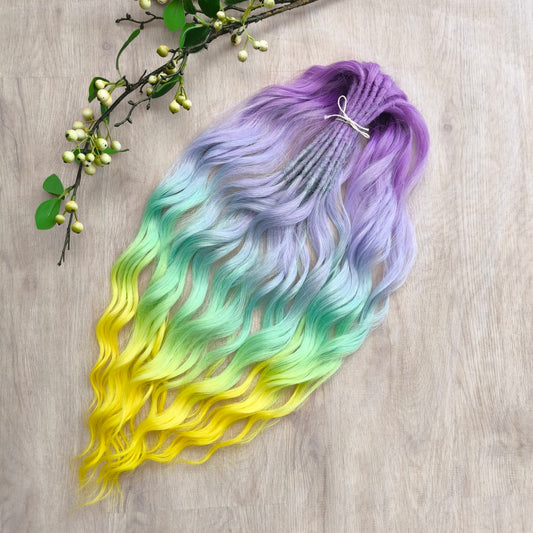 Colorful Rainbow prism (ombre from purple to green and yellow), soft, lightweight, and reusable synthetic sets of wavy double ended brushable dreadlocks (regular dreaded or push-up).