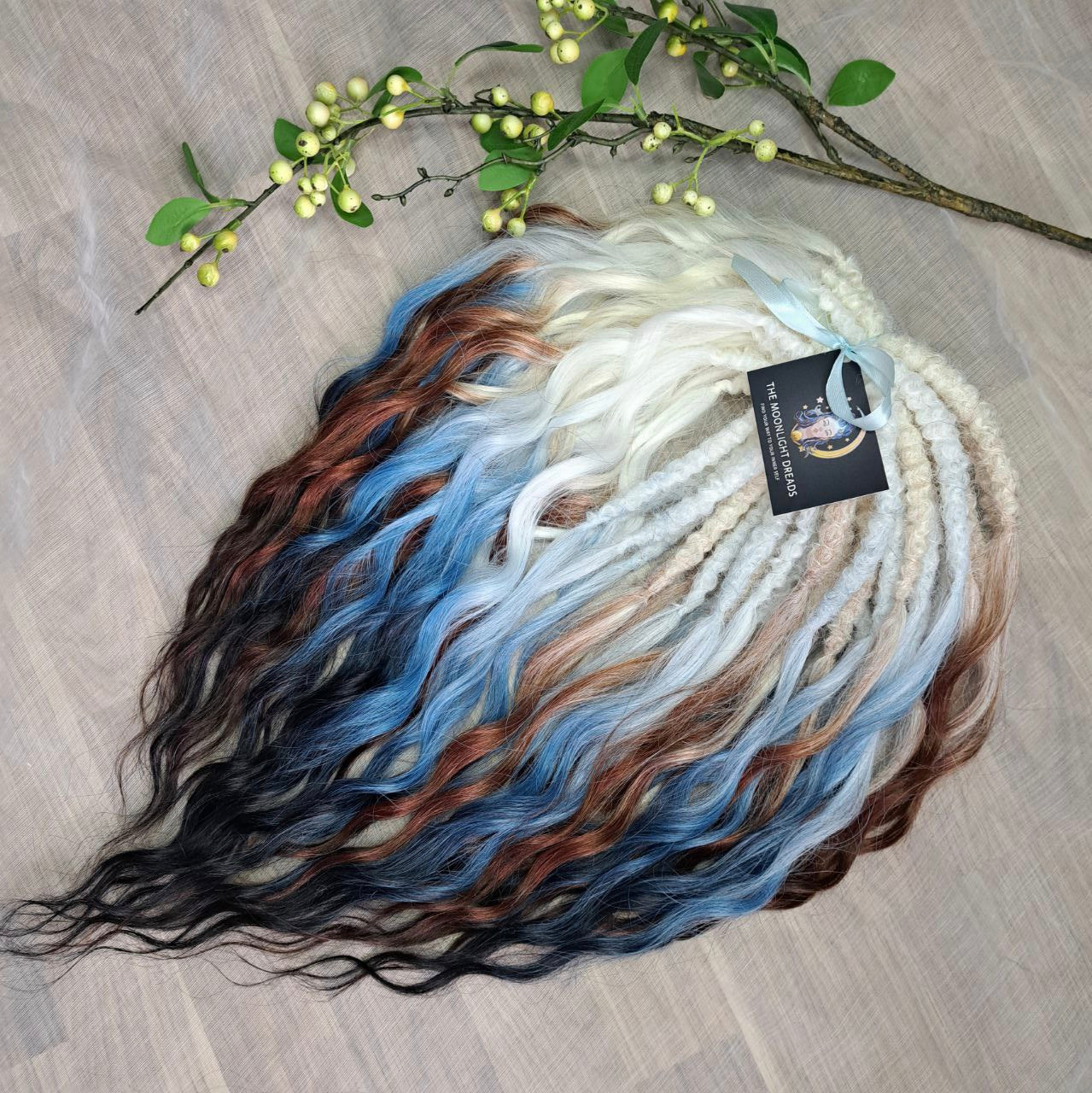 This set blends creamy blonde, cool ice-blue, medium chestnut, and deep brown into a smooth, natural-looking gradient.
Soft, lightweight, and reusable synthetic brushable double-ended wavy dreadlocks (available as regular dreaded, braided middle, or push-up).

Perfect for those who prefer calm, neutral, and balanced tones with a cool-to-warm transition.