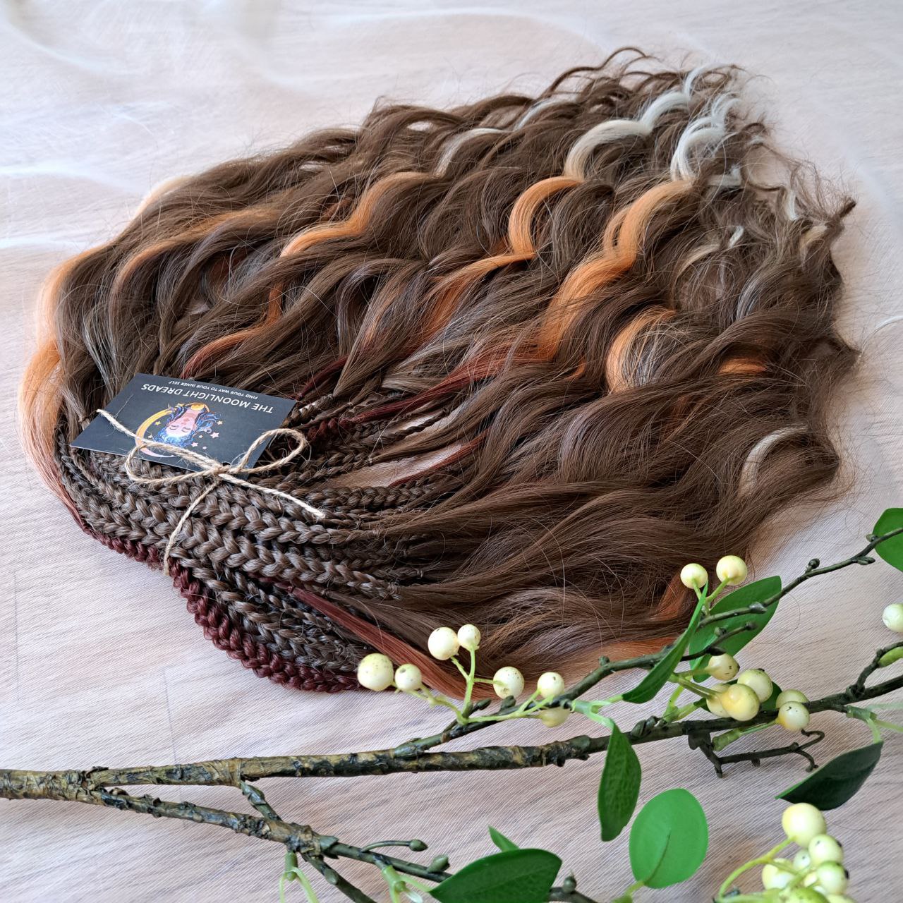 This moody, elegant set of soft, lightweight, and reusable synthetic brushable double-ended wavy dreadlocks features 2 shades of brown as the main color, enriched with calico strands.