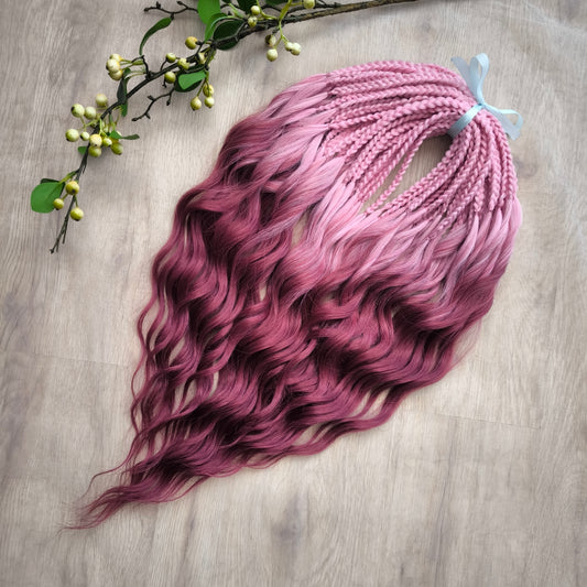 Ombre from pink to burgundy BRUSHABLE synthetic dreaded curls (regular, braided middle or push-up/dolly)