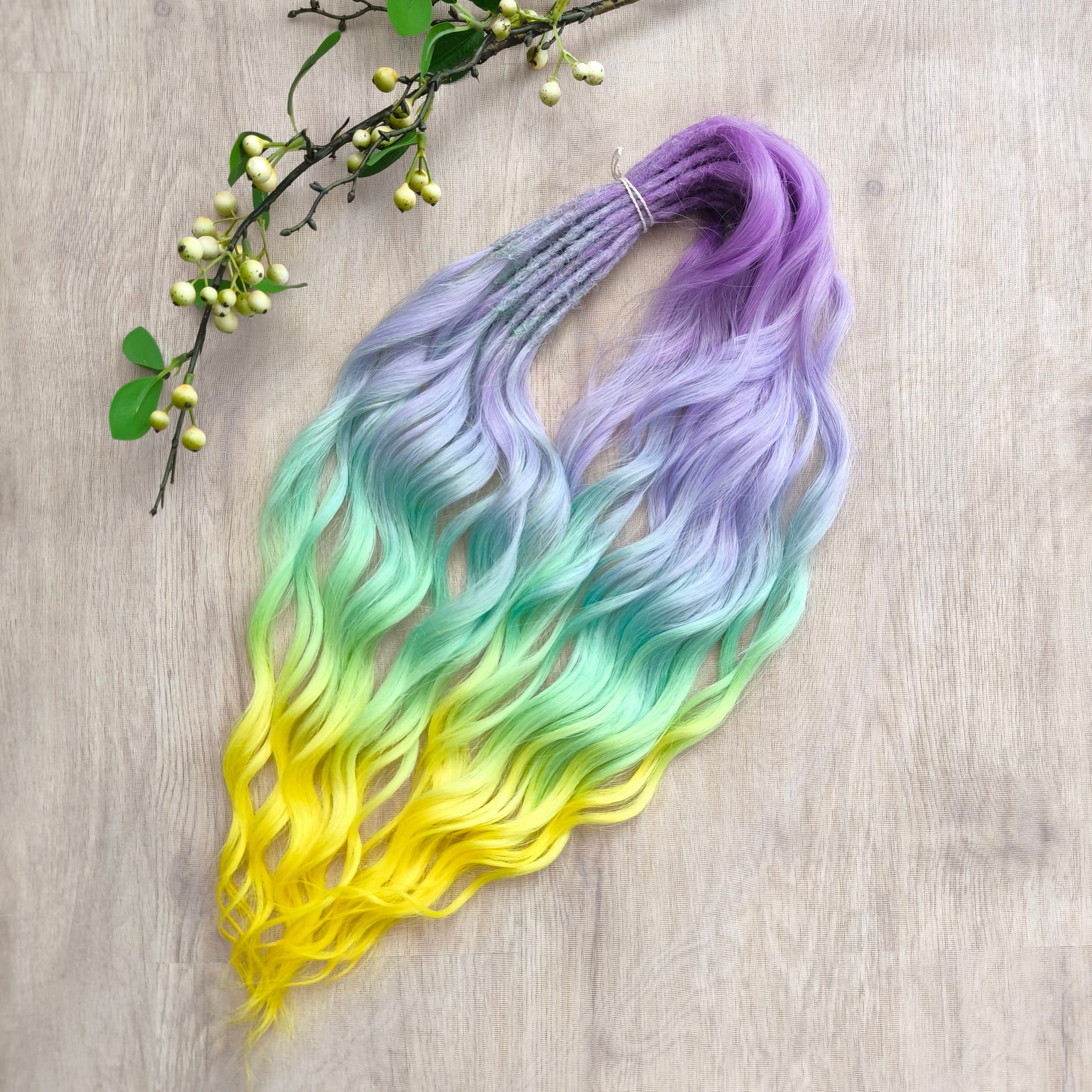 Colorful Rainbow prism (ombre from purple to green and yellow), soft, lightweight, and reusable synthetic sets of wavy double ended brushable dreadlocks (regular dreaded or push-up).