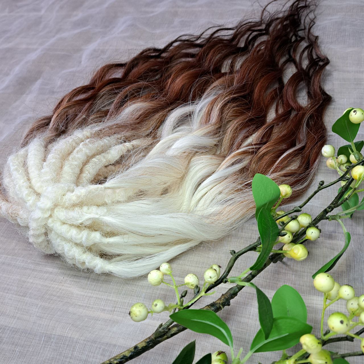 Ombre from blonde to chestnut and dark chocolate brown soft, lightweight, and reusable synthetic brushable double ended wavy dreadlocks (regular dreaded or push-up).